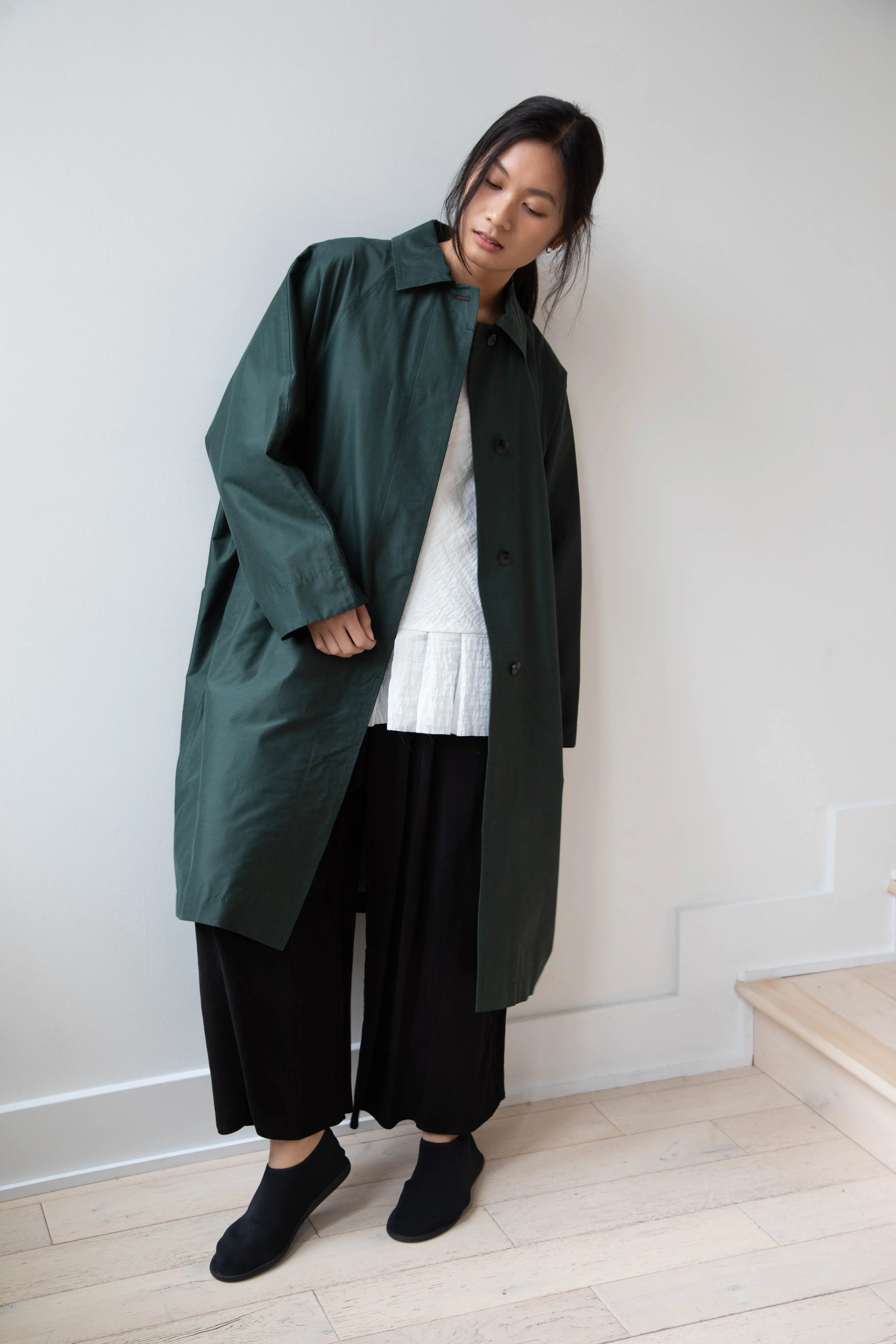 Arts & Science | Silk Cotton Taffeta Bal Collar Coat in Dark Green