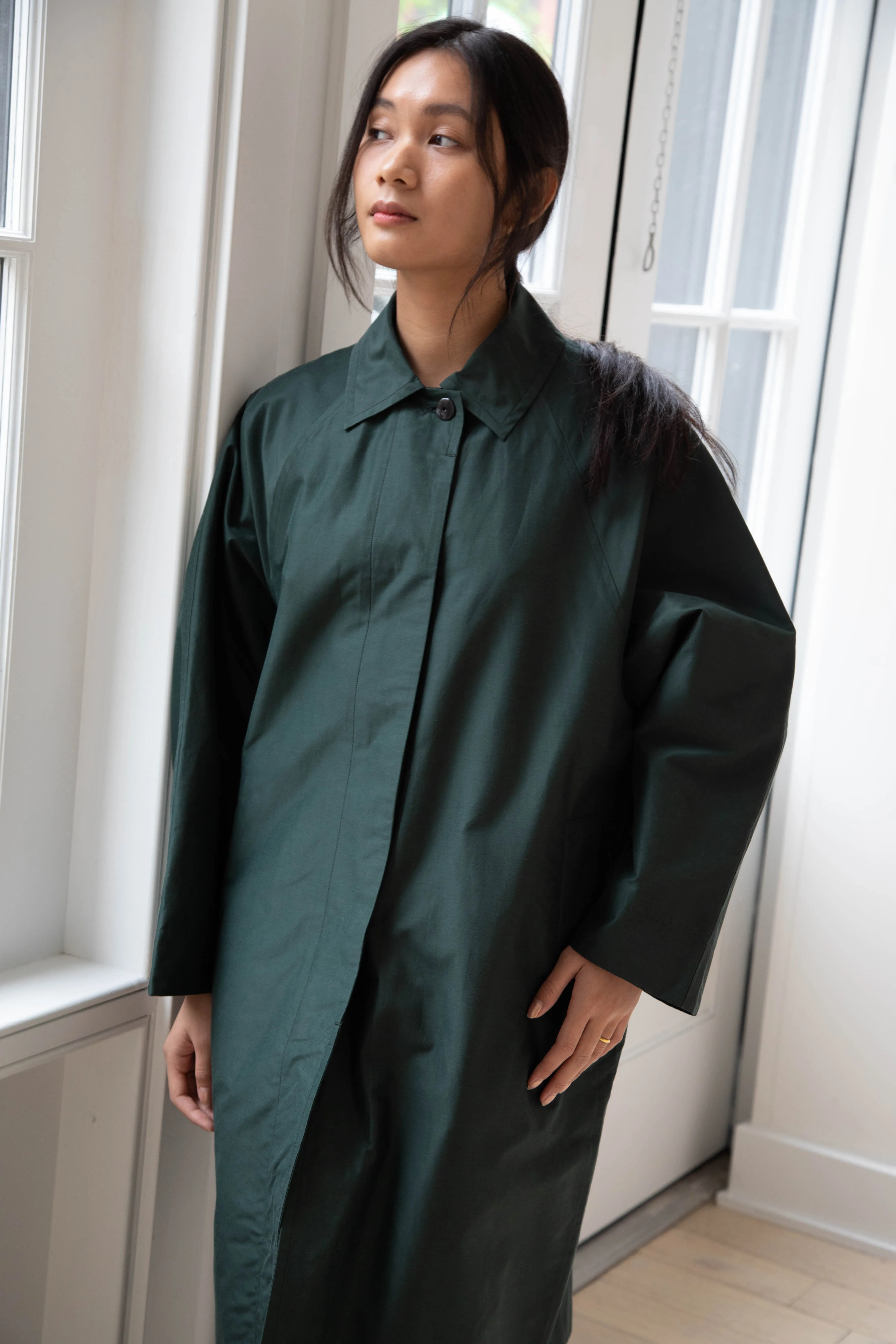 Arts & Science | Silk Cotton Taffeta Bal Collar Coat in Dark Green