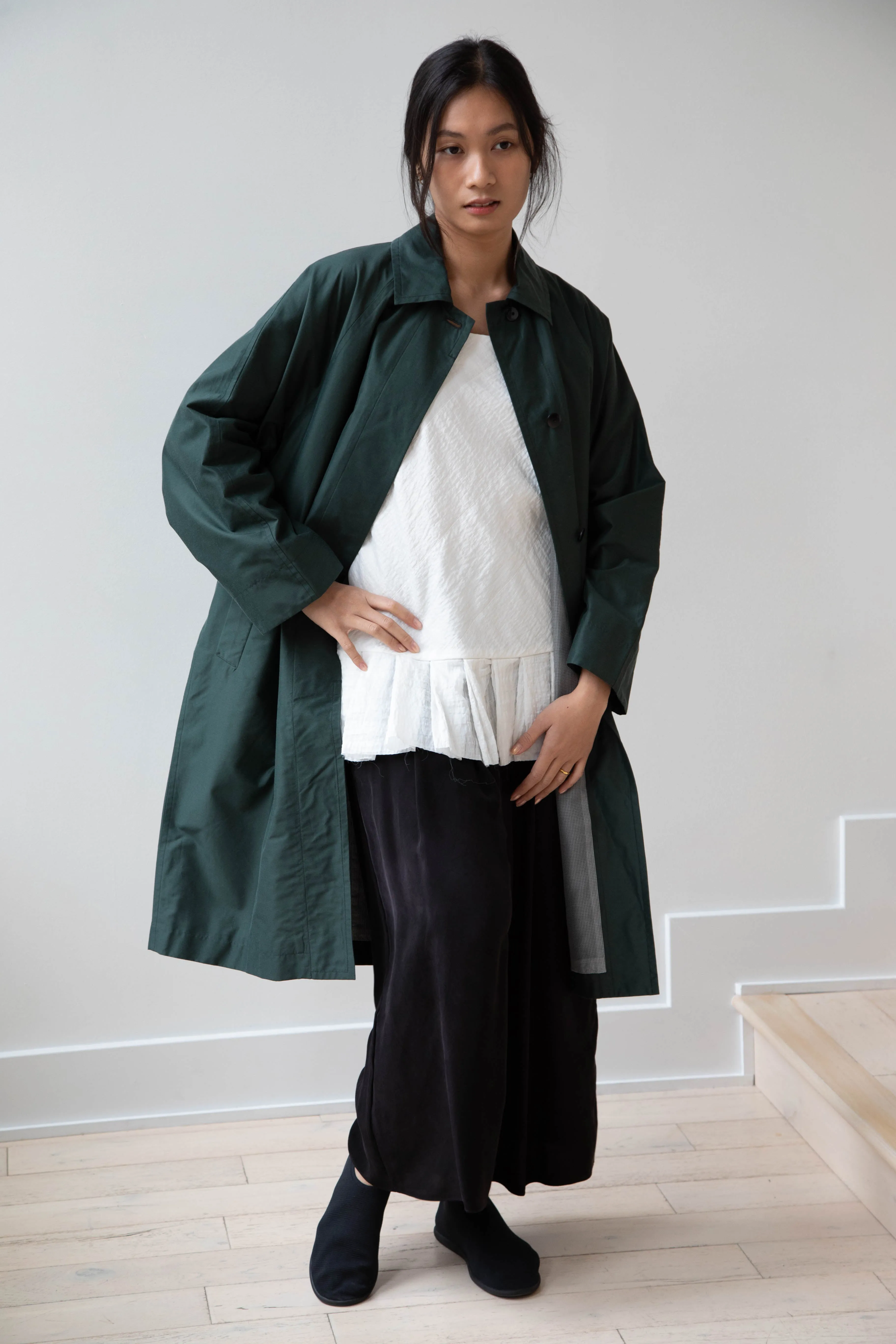 Arts & Science | Silk Cotton Taffeta Bal Collar Coat in Dark Green