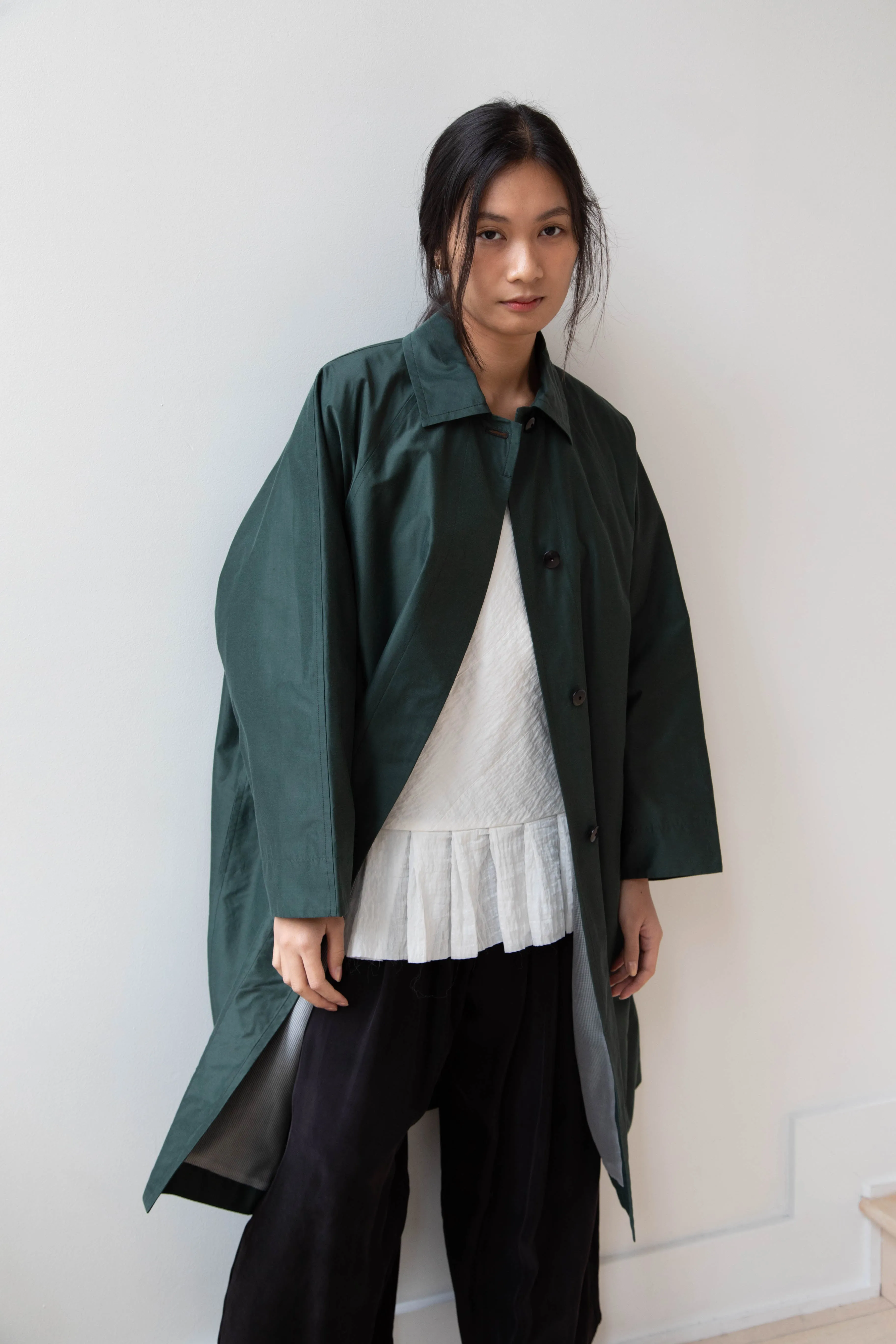 Arts & Science | Silk Cotton Taffeta Bal Collar Coat in Dark Green