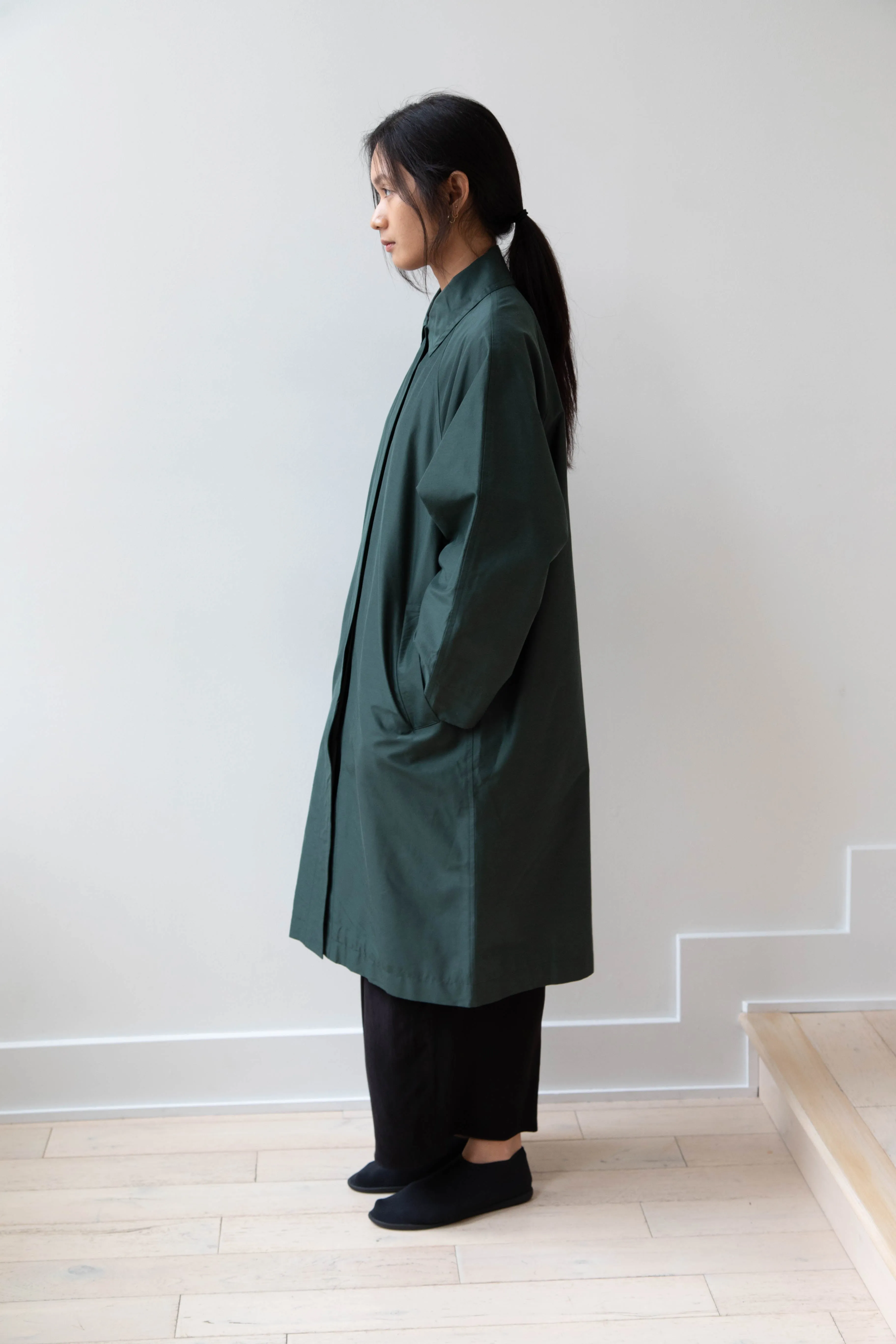 Arts & Science | Silk Cotton Taffeta Bal Collar Coat in Dark Green