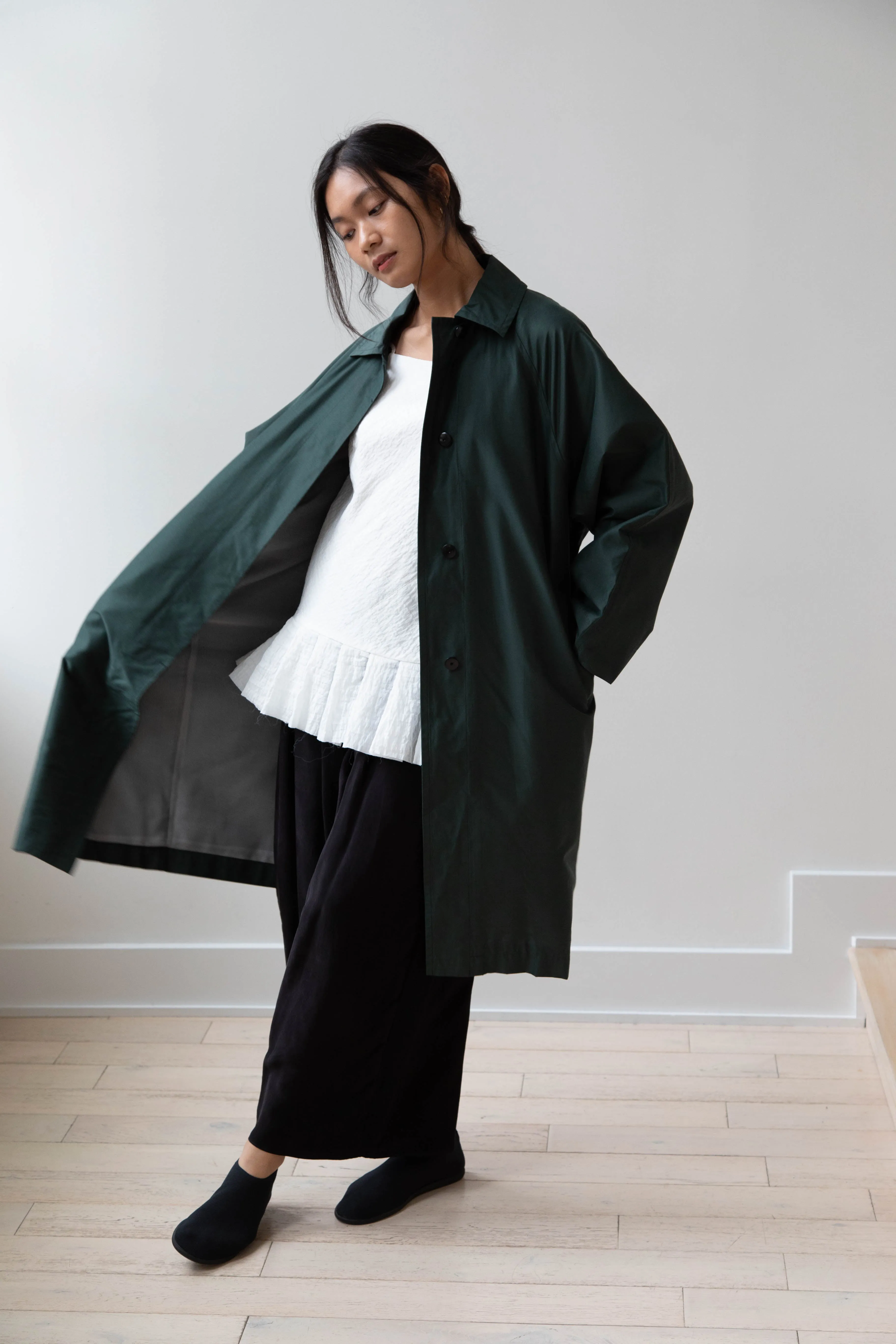 Arts & Science | Silk Cotton Taffeta Bal Collar Coat in Dark Green