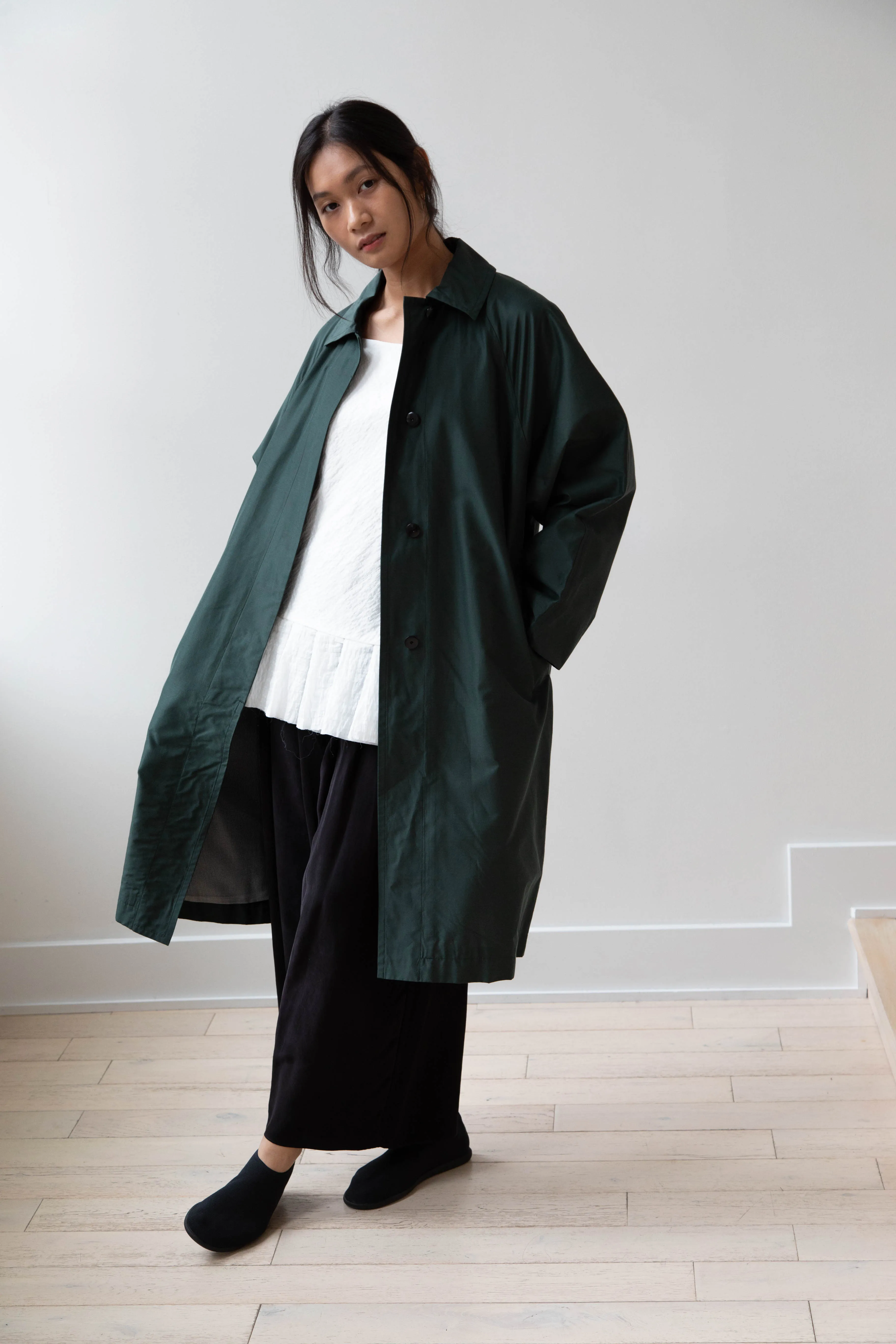 Arts & Science | Silk Cotton Taffeta Bal Collar Coat in Dark Green