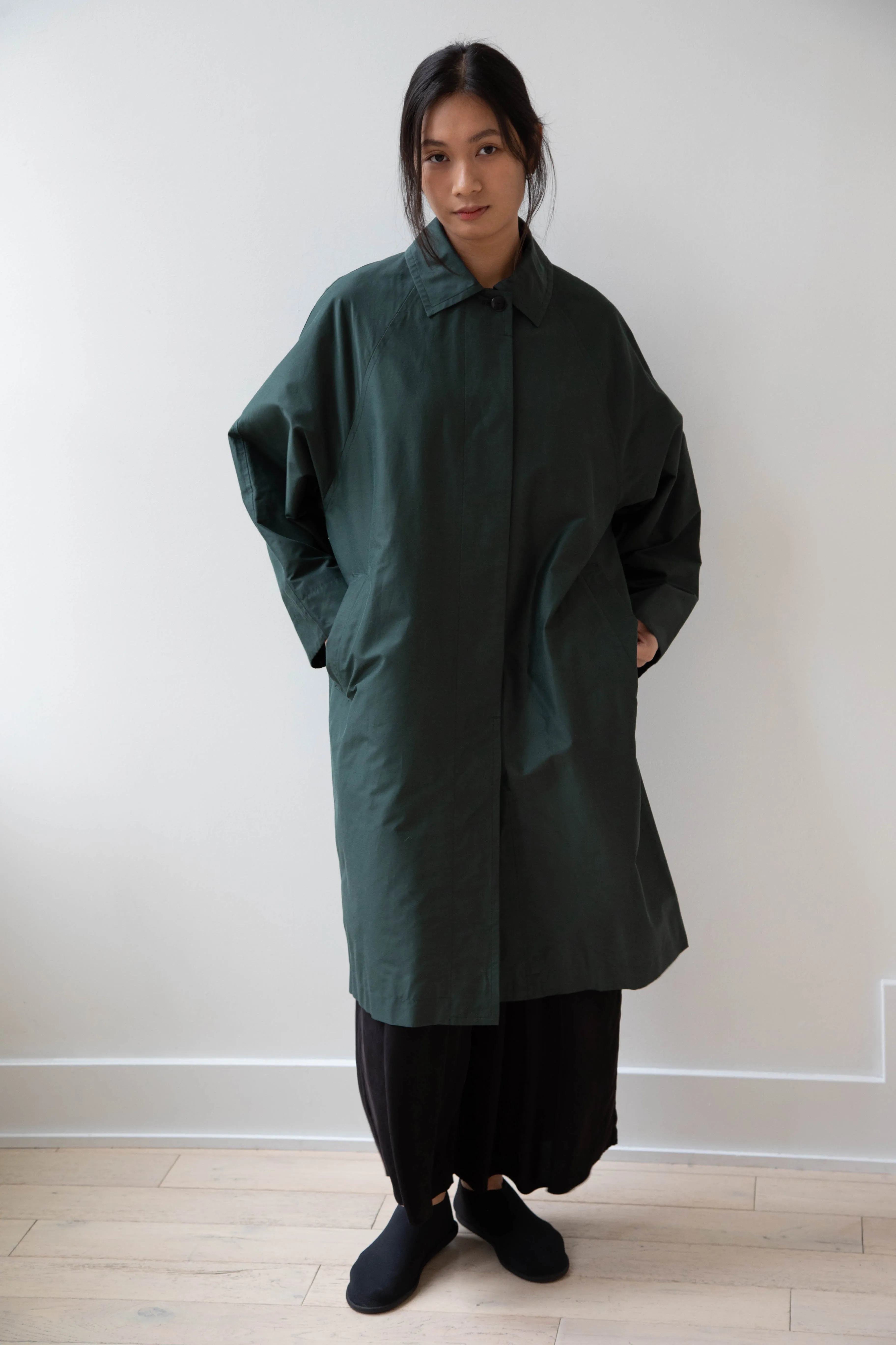 Arts & Science | Silk Cotton Taffeta Bal Collar Coat in Dark Green