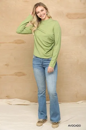 Avocado Green Soft Knit Mock Neck Side Ruched Long Sleeve Top_