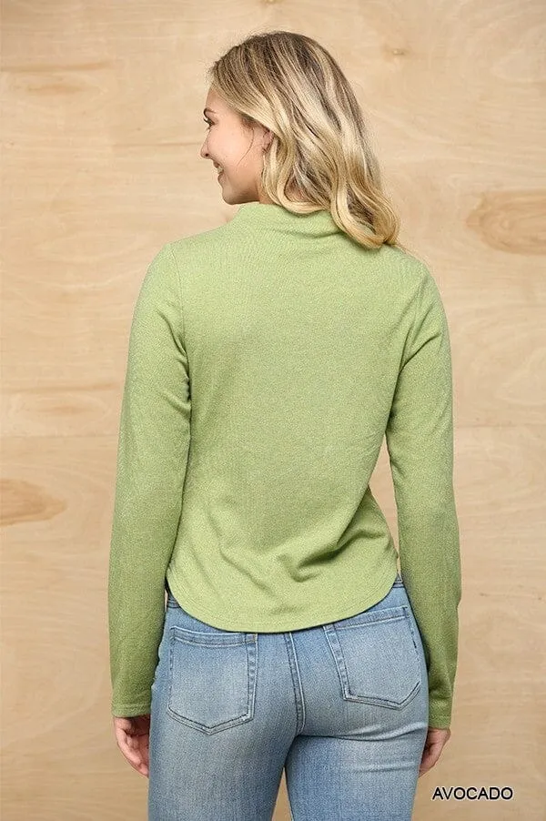 Avocado Green Soft Knit Mock Neck Side Ruched Long Sleeve Top_