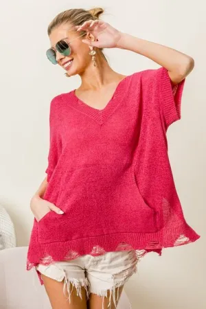 BiBi Fuchsia Distressed Relaxed Fit Sweater