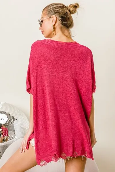 BiBi Fuchsia Distressed Relaxed Fit Sweater