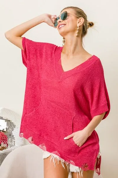 BiBi Fuchsia Distressed Relaxed Fit Sweater