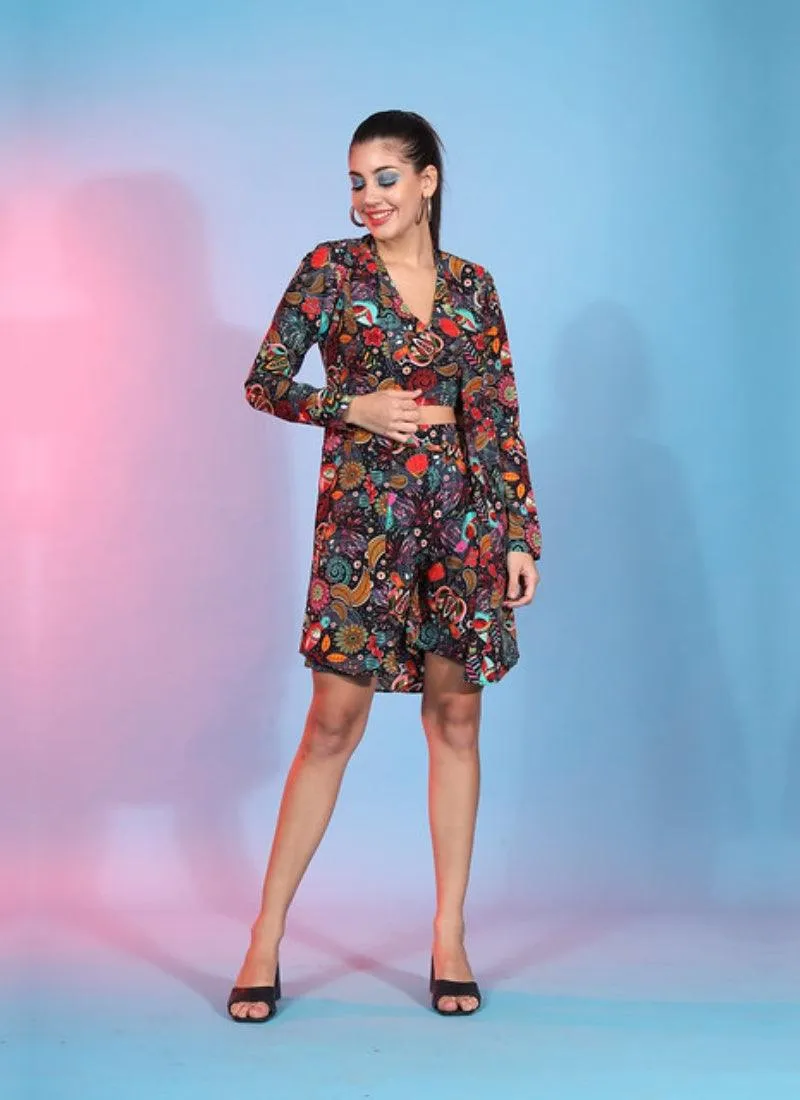 Black Crepe printed readymade co-ord with jacket
