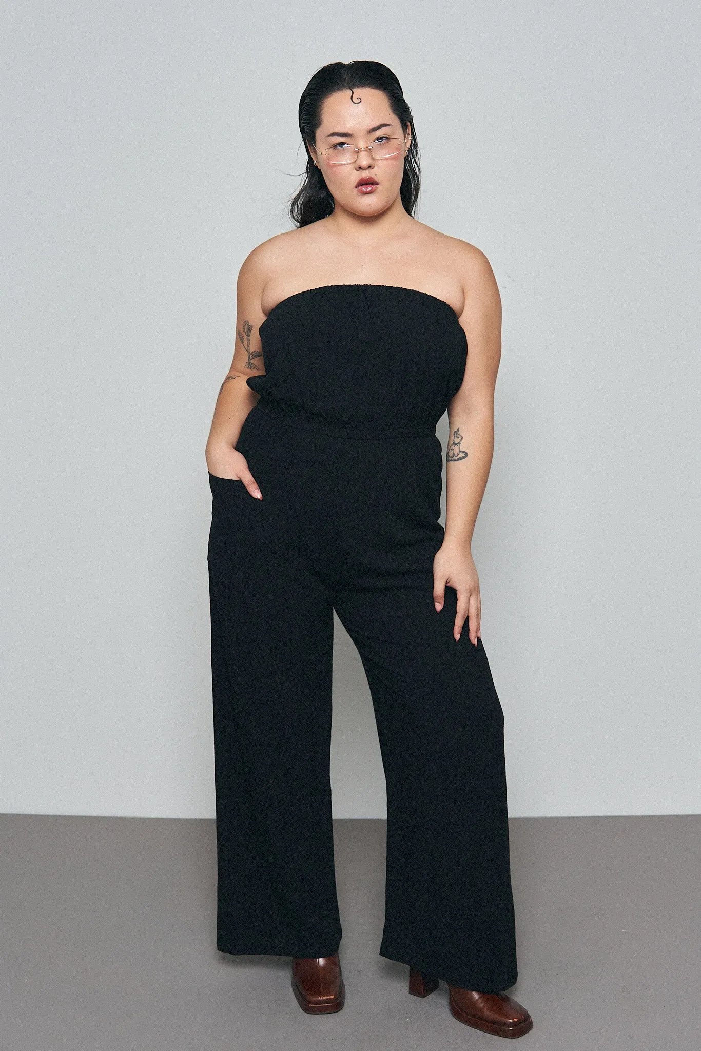 Black Linen Strapless Jumpsuit