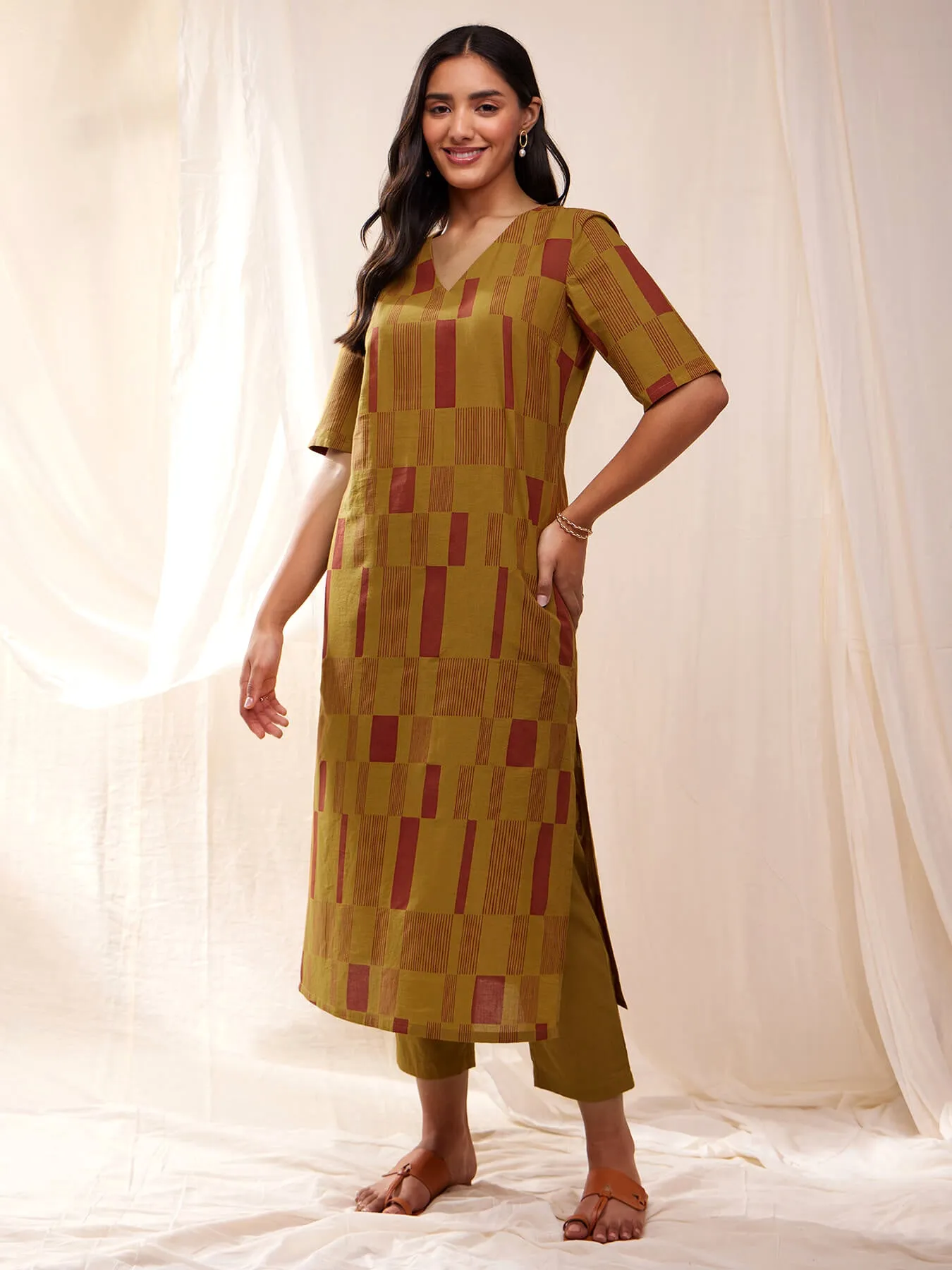 Cotton Check Straight Kurta Set - Mustard