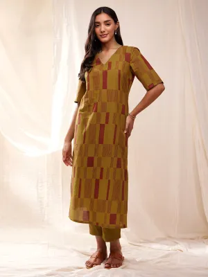 Cotton Check Straight Kurta Set - Mustard