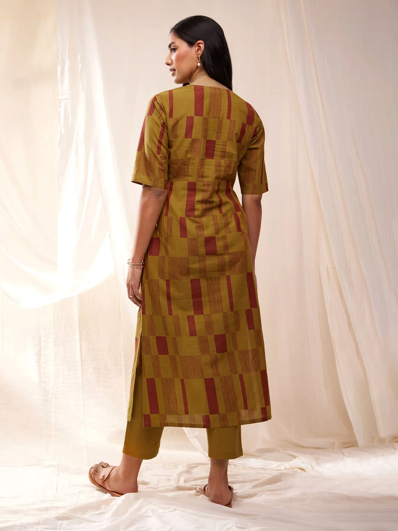 Cotton Check Straight Kurta Set - Mustard
