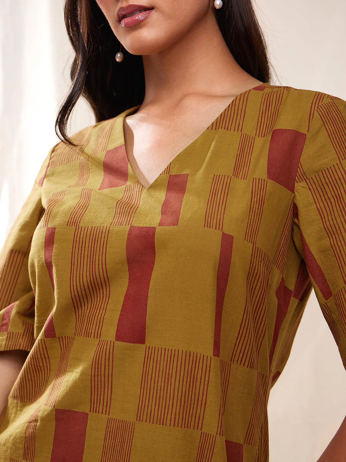 Cotton Check Straight Kurta Set - Mustard