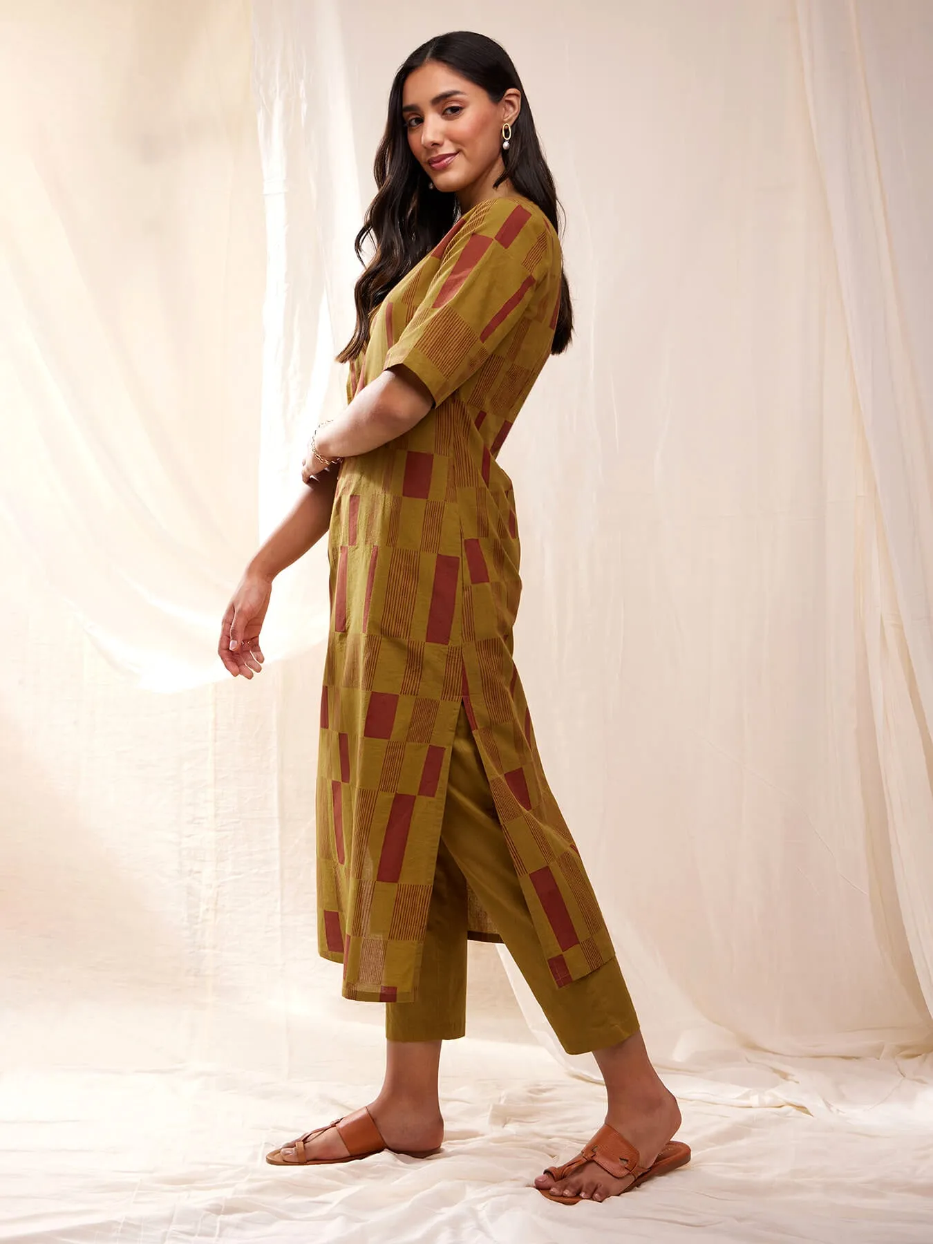 Cotton Check Straight Kurta Set - Mustard