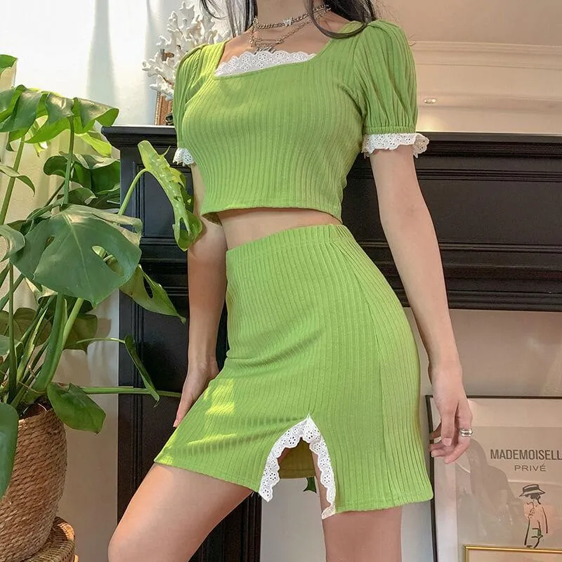Cute Green Flapper Split Short Skirt Sets