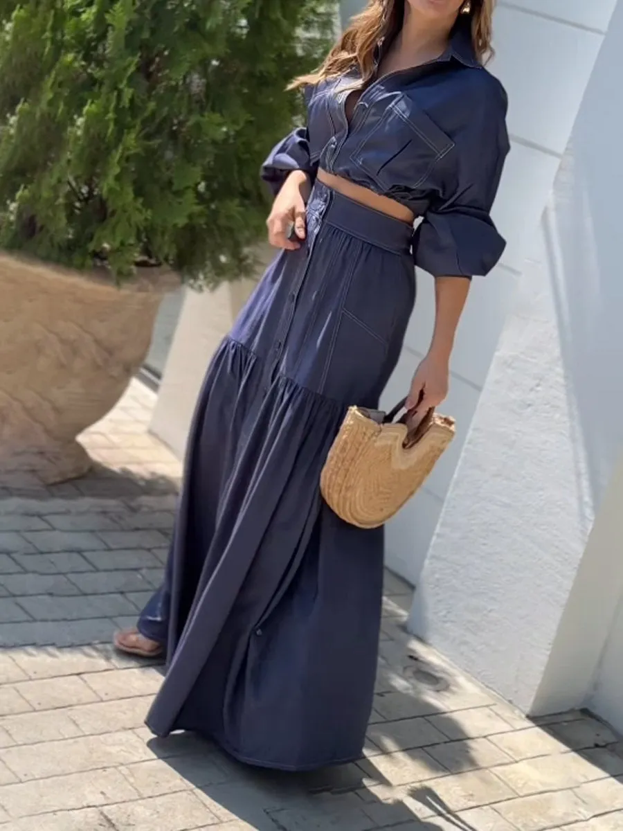 Denim Lantern Sleeve Two Pieces Dress