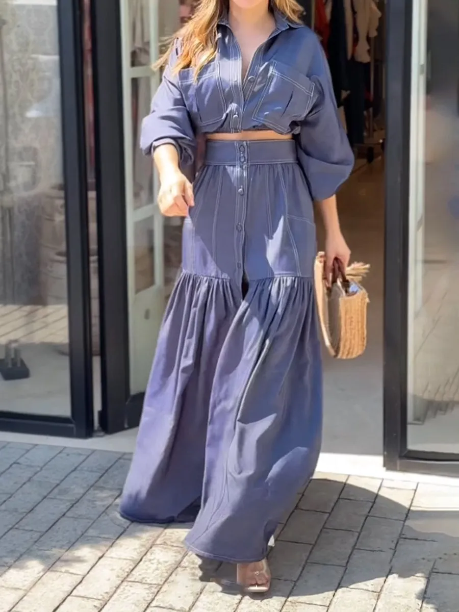 Denim Lantern Sleeve Two Pieces Dress
