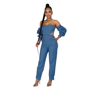 Denim Women's Wear Fashion off-Shoulder Denim Jumpsuit