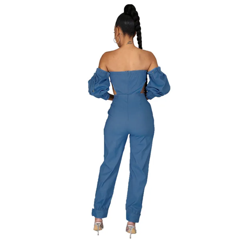 Denim Women's Wear Fashion off-Shoulder Denim Jumpsuit