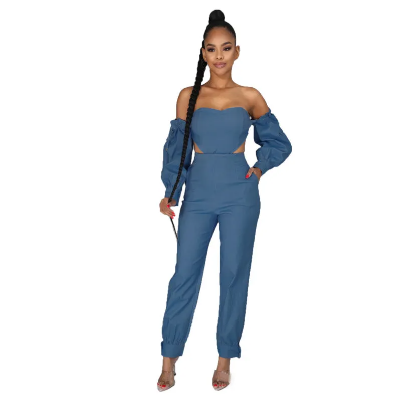 Denim Women's Wear Fashion off-Shoulder Denim Jumpsuit