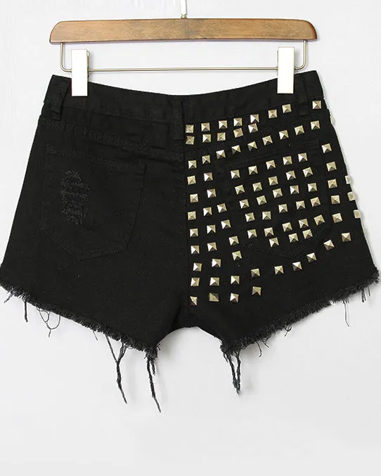 Distressed Rivets Irregular Whiskered Denim High-Waisted Shorts