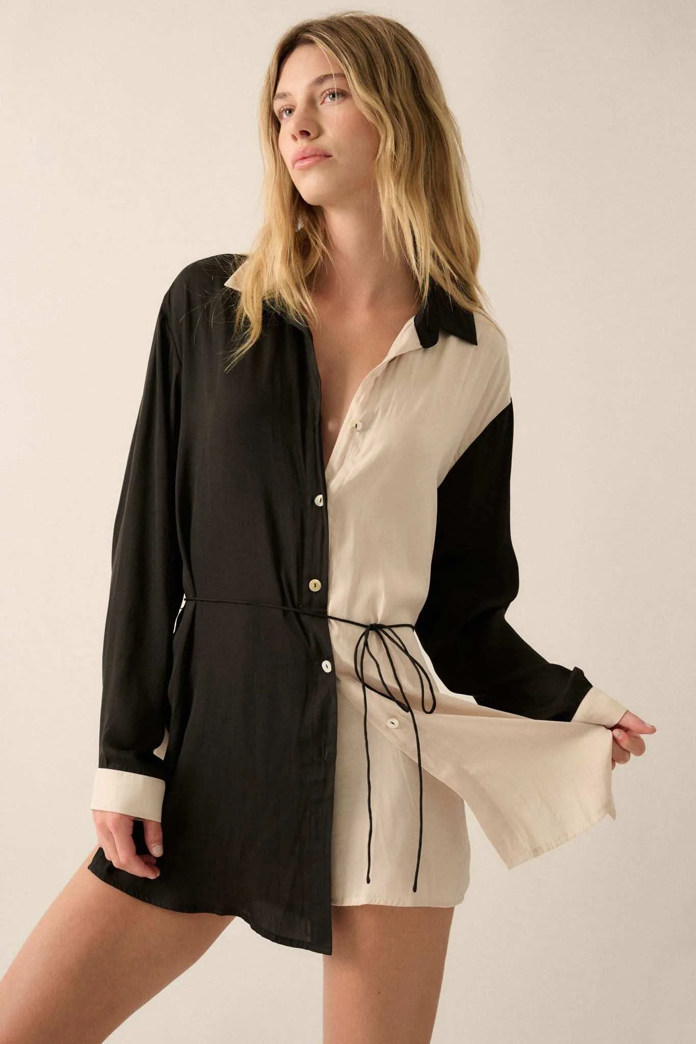 Double Shift Two-Tone Matte Satin Shirt Romper