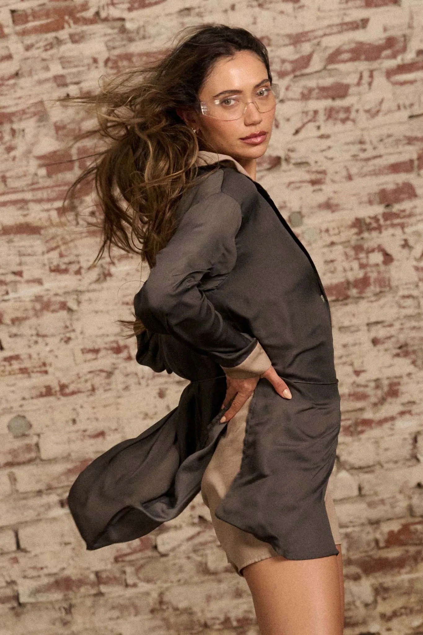 Double Shift Two-Tone Matte Satin Shirt Romper
