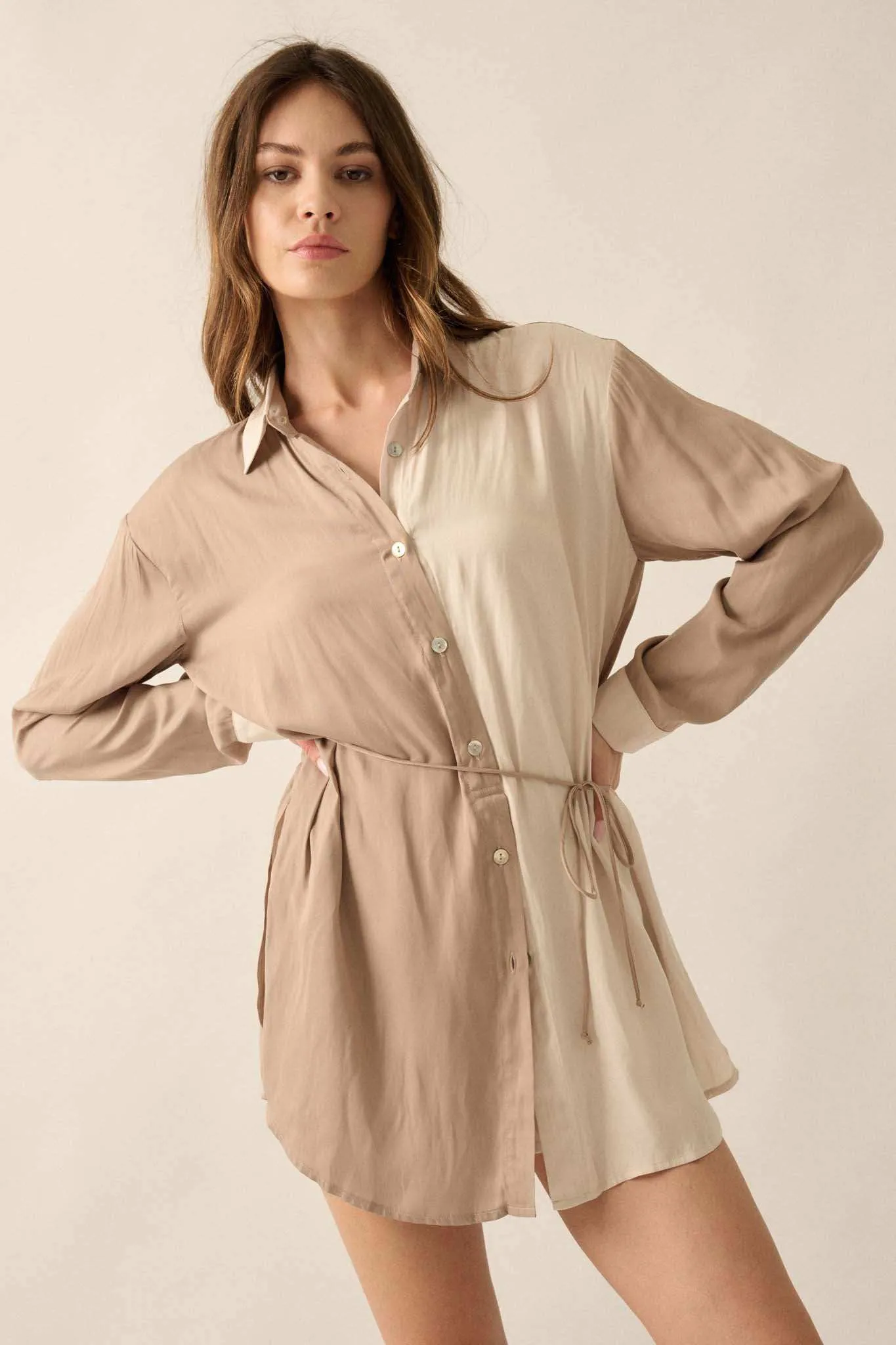 Double Shift Two-Tone Matte Satin Shirt Romper
