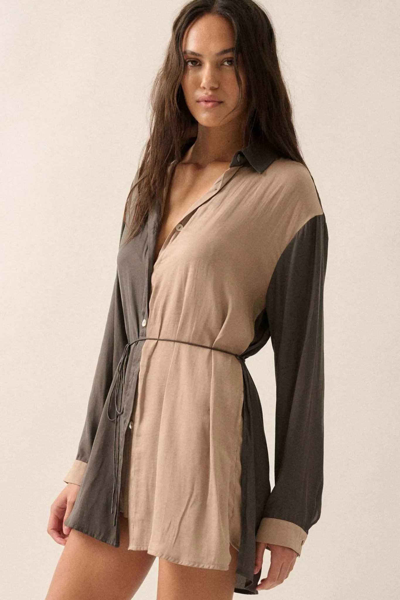 Double Shift Two-Tone Matte Satin Shirt Romper