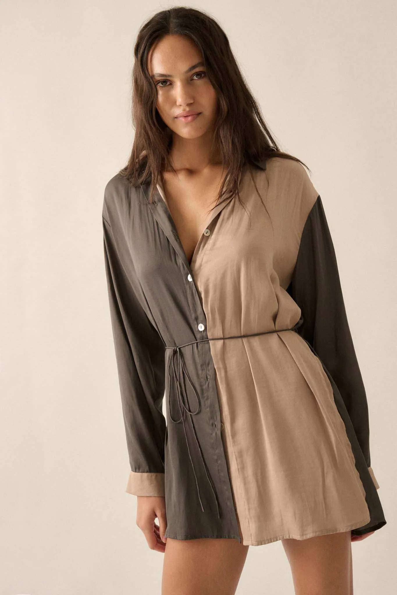 Double Shift Two-Tone Matte Satin Shirt Romper