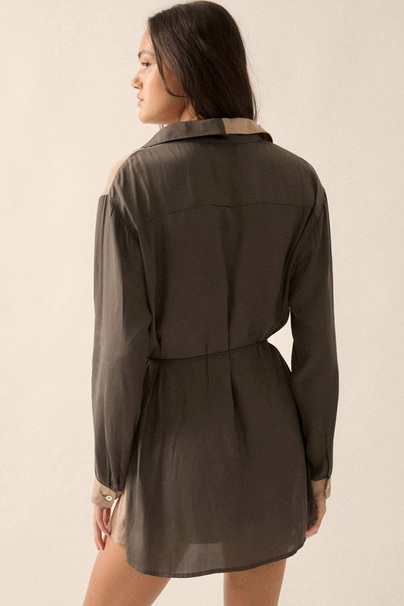 Double Shift Two-Tone Matte Satin Shirt Romper