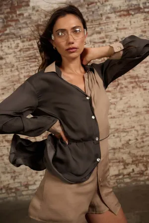 Double Shift Two-Tone Matte Satin Shirt Romper