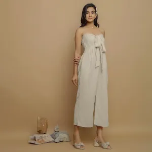 Ecru Undyed Crinkled Cotton Flax High-Rise Jumpsuit