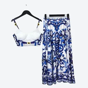 Elegant Printed Crop Top Skirt Sets
