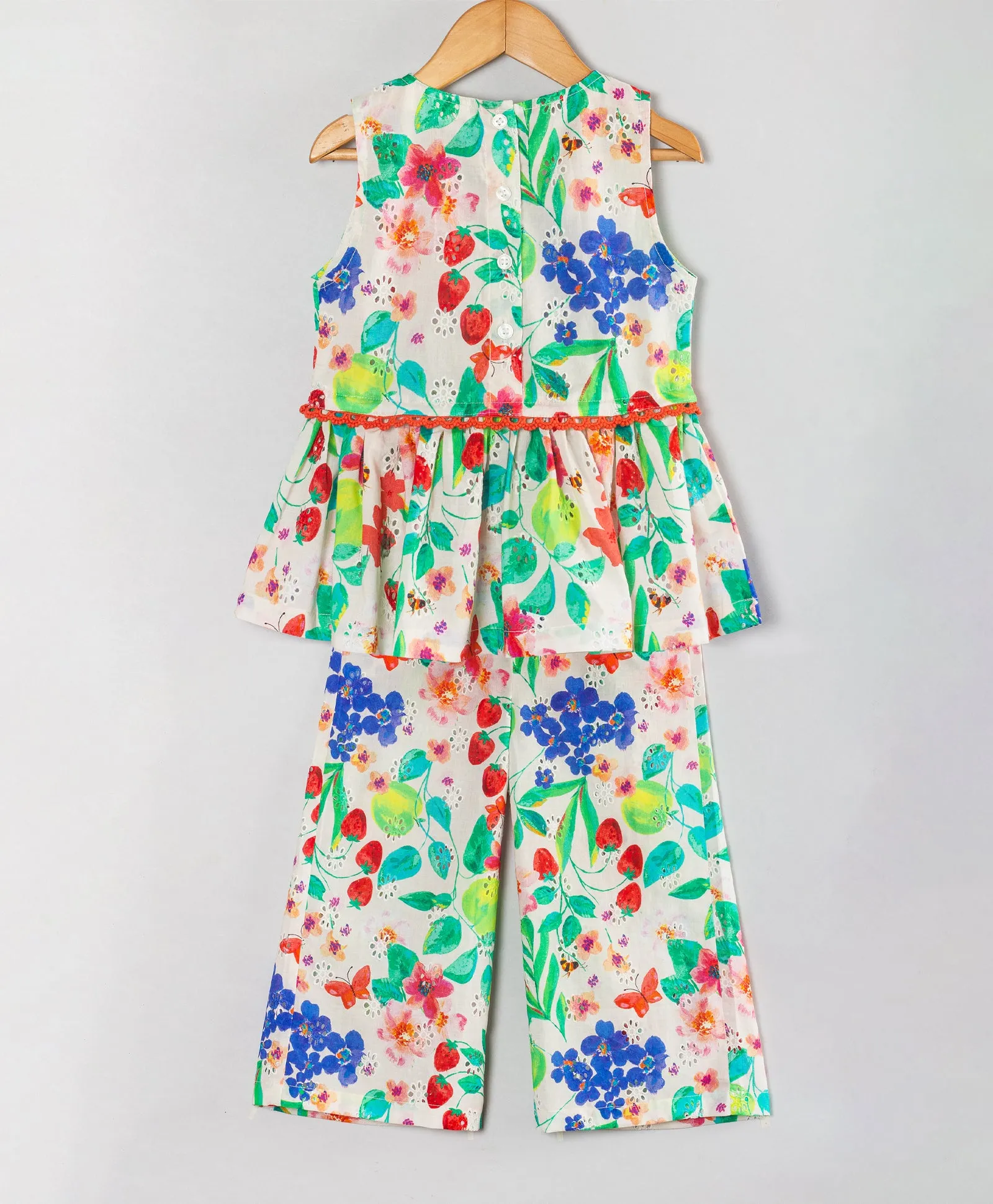 FLORAL SCHIFFLI CO-ORD SET WITH LACE AT WAISTLINE