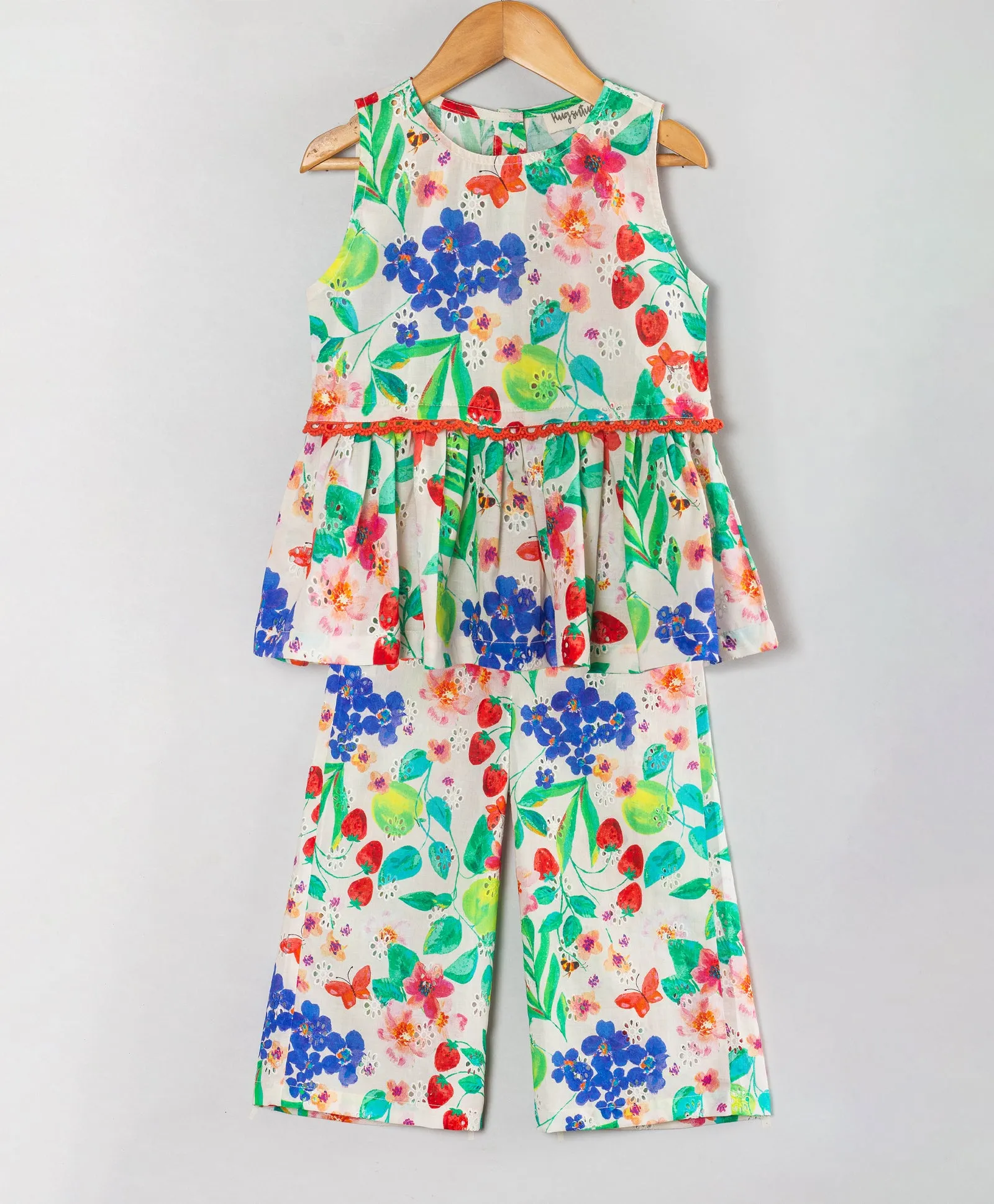FLORAL SCHIFFLI CO-ORD SET WITH LACE AT WAISTLINE