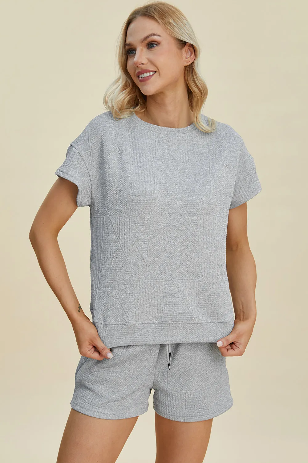 Full Size Texture Short Sleeve Top and Shorts Set