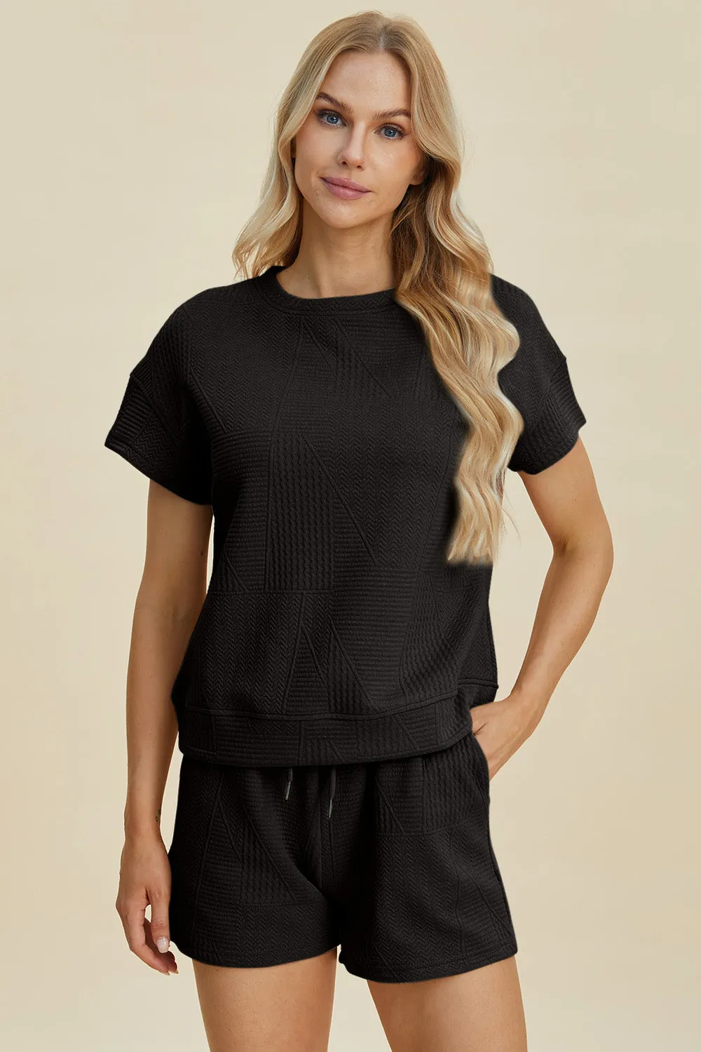 Full Size Texture Short Sleeve Top and Shorts Set