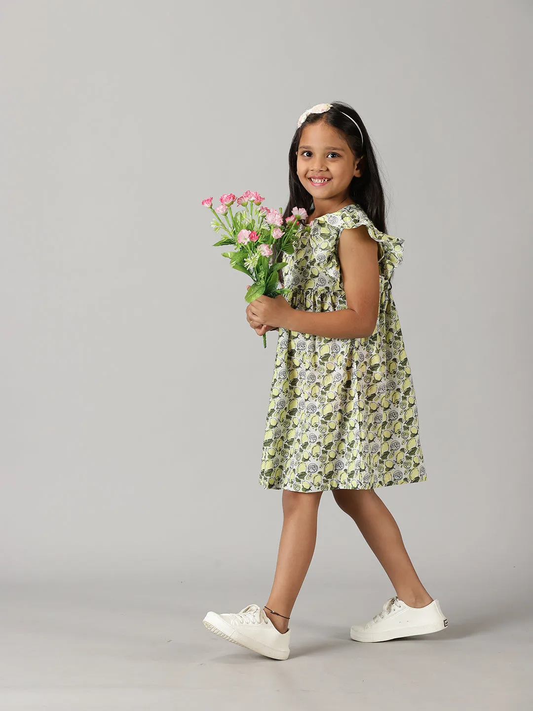 Girls Yoke Dress With Frill Sleeve