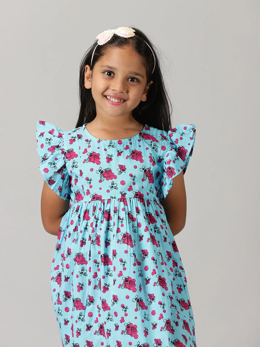 Girls Yoke Dress With Frill Sleeve