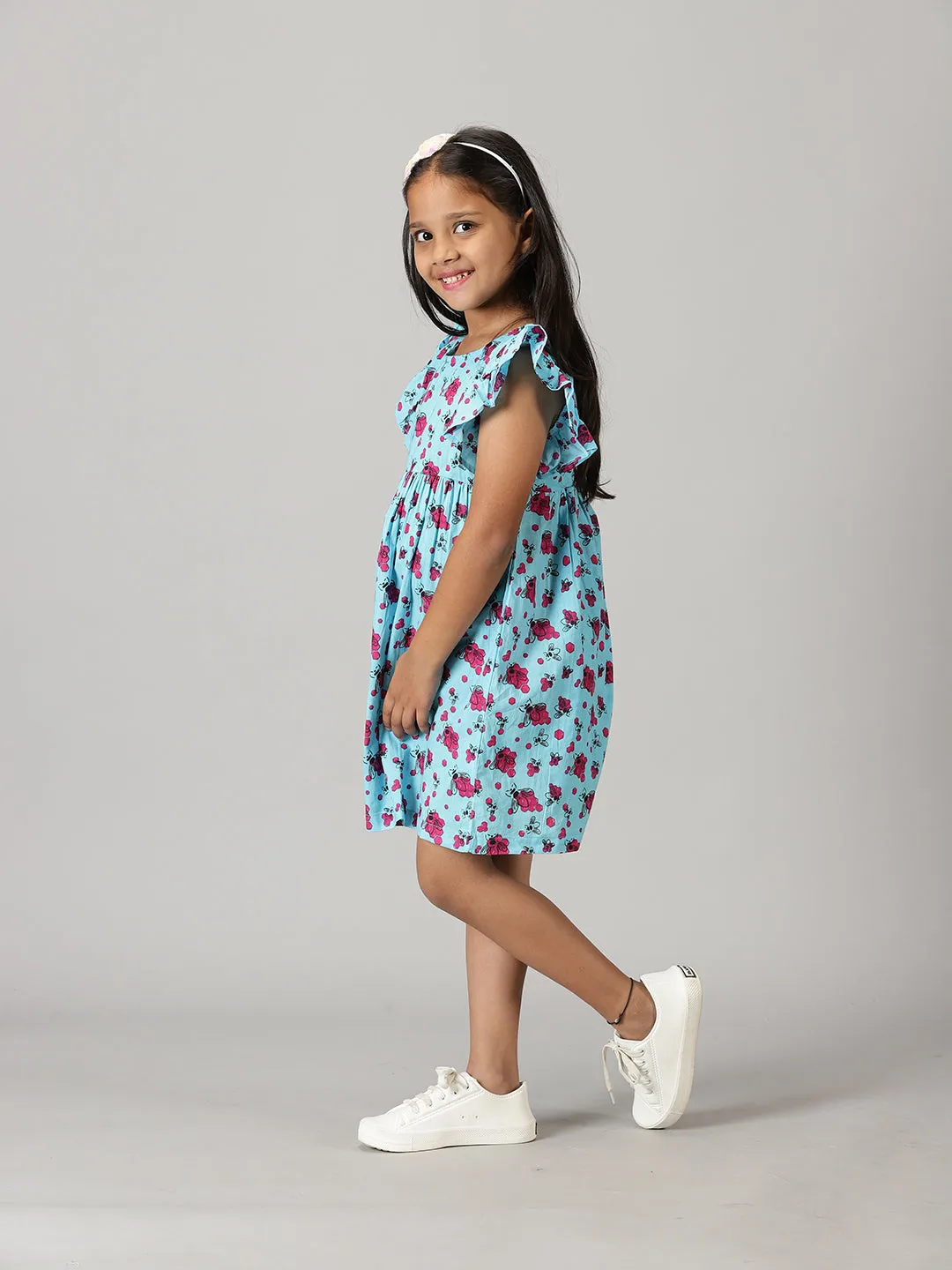 Girls Yoke Dress With Frill Sleeve