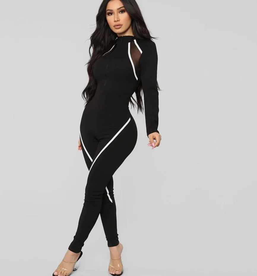 Graduation Gift Sonicelife Long Sleeve Women Jumpsuits Mesh Striped Patchwork Sporty Workout Active Wear Zipper Fitness Streetwear Skinny Outfits