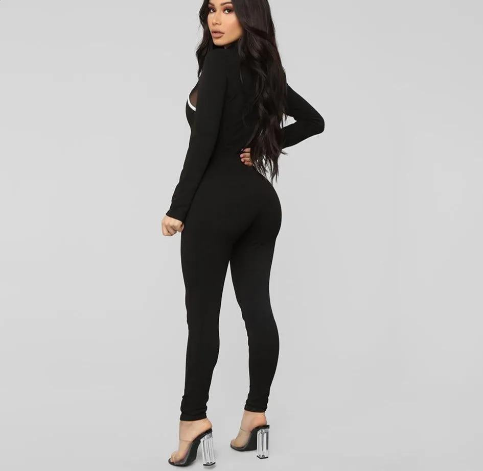 Graduation Gift Sonicelife Long Sleeve Women Jumpsuits Mesh Striped Patchwork Sporty Workout Active Wear Zipper Fitness Streetwear Skinny Outfits