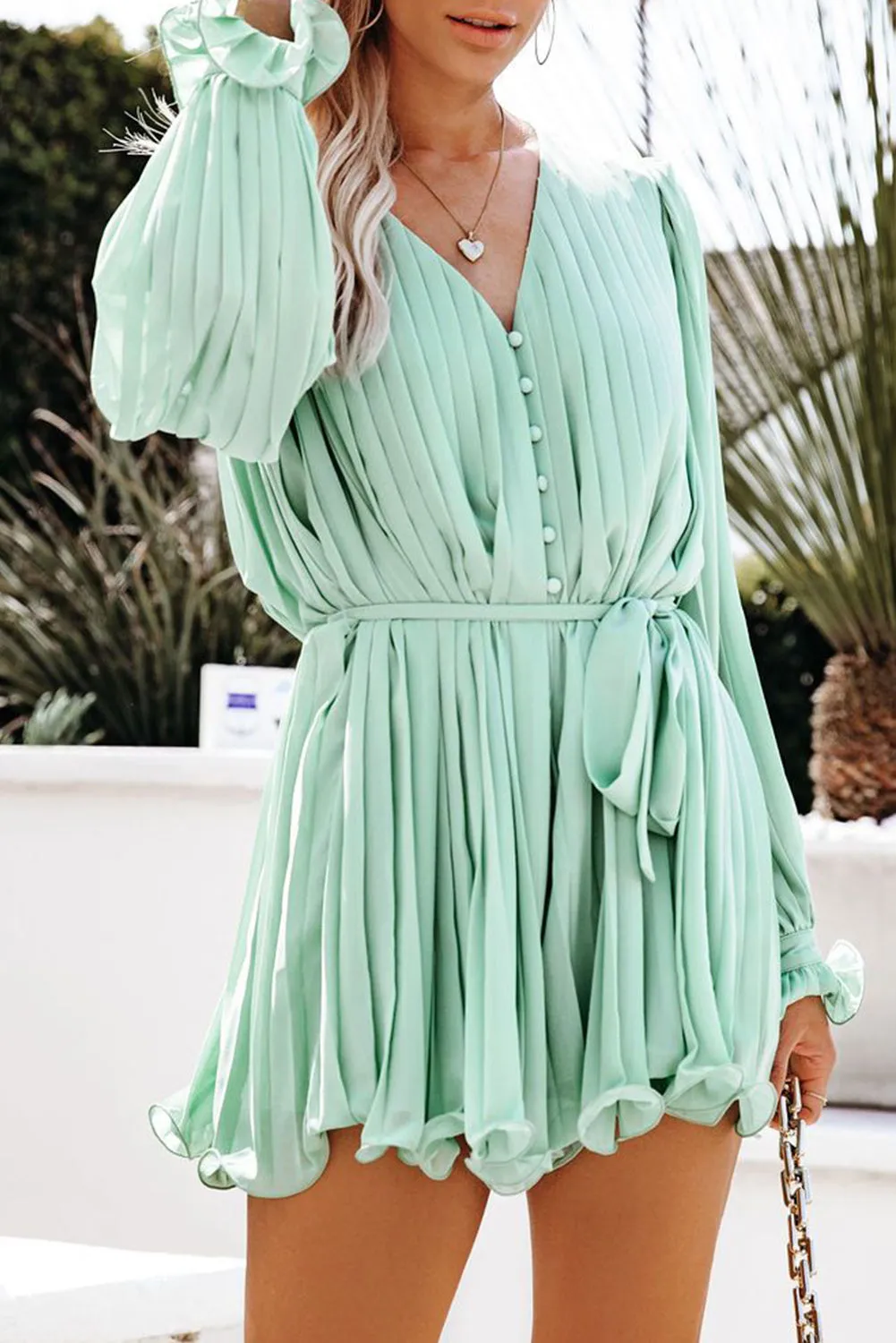 Green Pleated Ruffled Tie Waist Buttons V Neck Romper