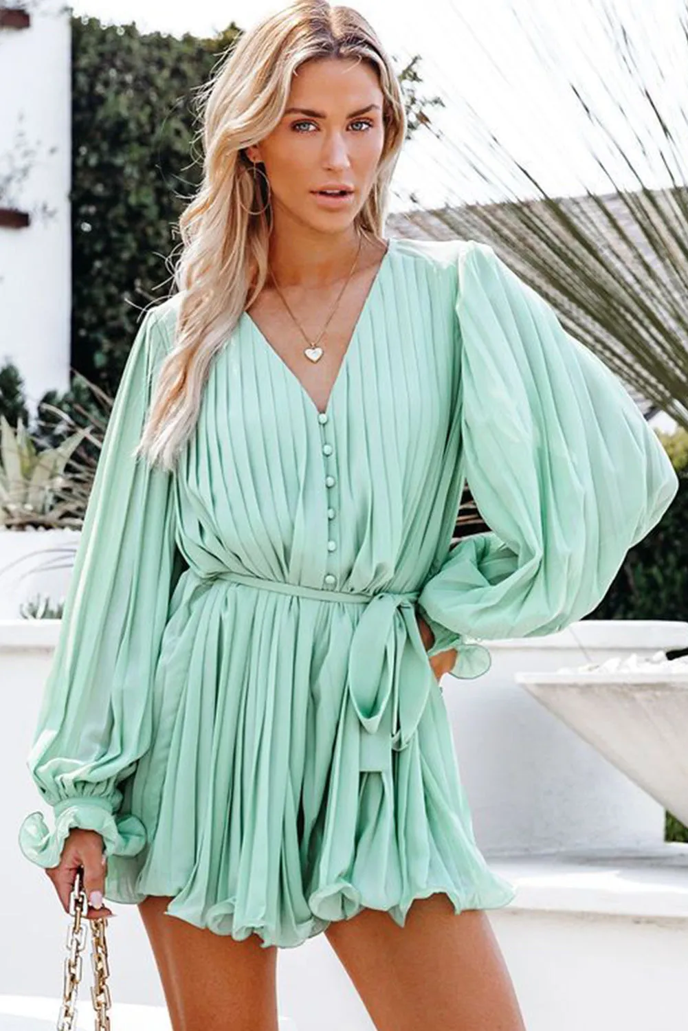 Green Pleated Ruffled Tie Waist Buttons V Neck Romper