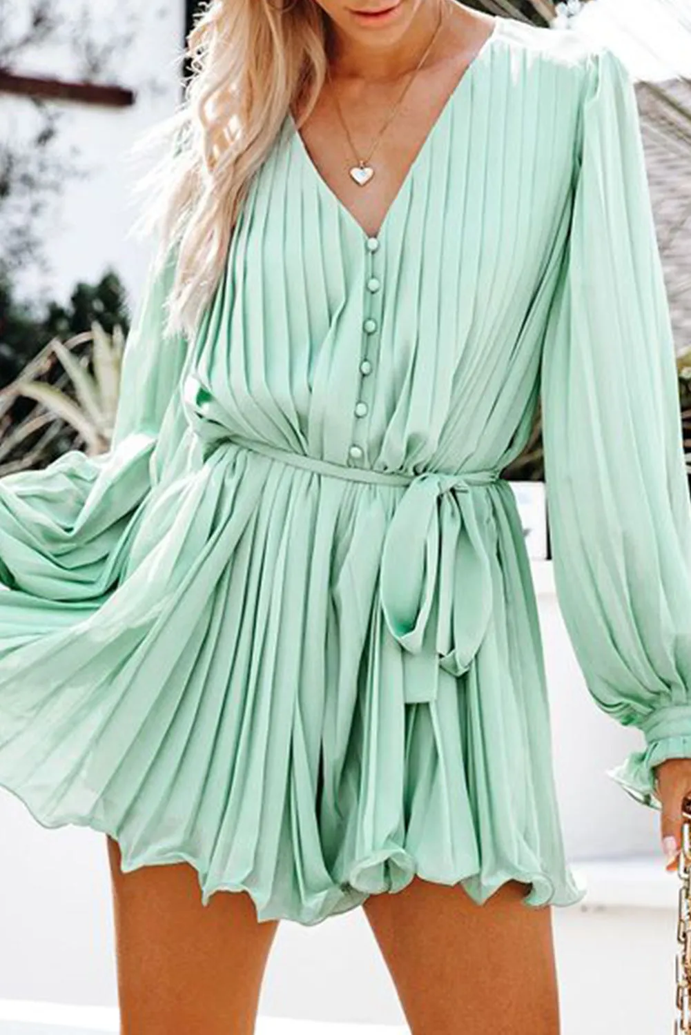 Green Pleated Ruffled Tie Waist Buttons V Neck Romper