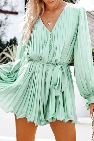 Green Pleated Ruffled Tie Waist Buttons V Neck Romper