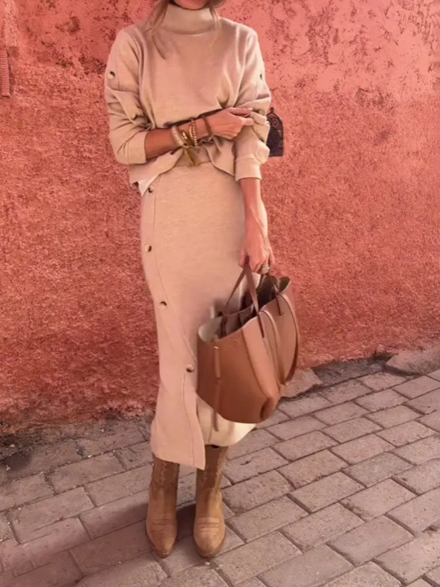 High Neck Button Up Two Pieces Dress